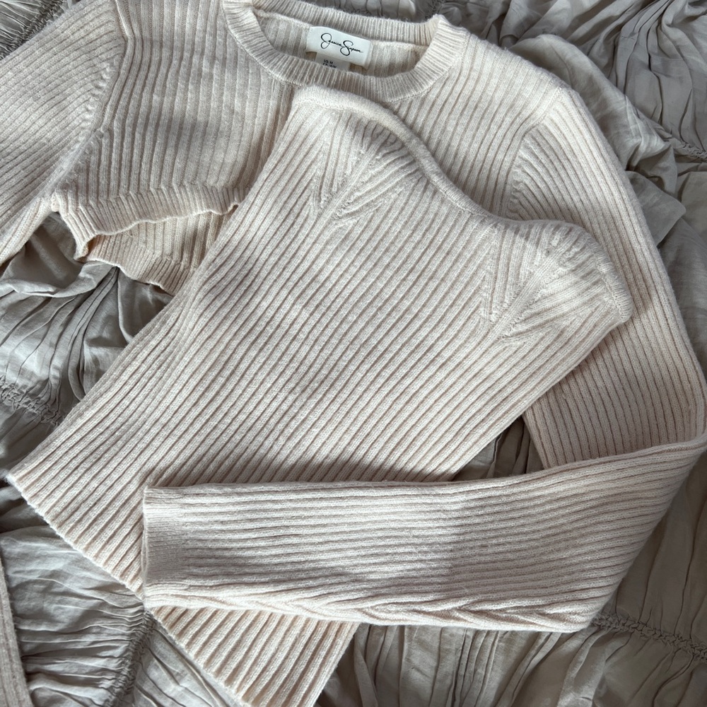 Jessica Simpson Cream Ribbed Sweater + Strapless Top Set